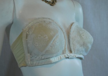 1960s White Overwire Bra 36 B, Lily of France Strapless Sheer Nylon Lace Bra