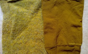 Charnos 24/7 stockings (nude) and grey woolly stockings from Calzedonia (sold as over- knees I think) dyed with Jacquard´s Gold Ochre.