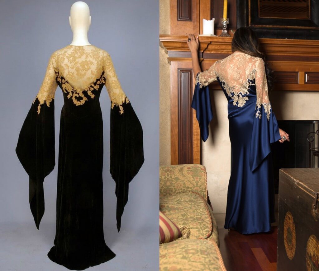 1930s 'deshabille' silk velvet and lace dressing gown on left. Layneau silk and lace dressing gown on right.
