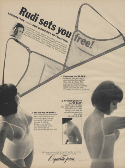 1960s "no bra" advertisement. Interesting that the model still has the slightly-pointed "ideal" shape under her "no bra," along with the strange airbrushing on the low back model's bustline! via The Jumping Frog www.thejumpingfrog.com