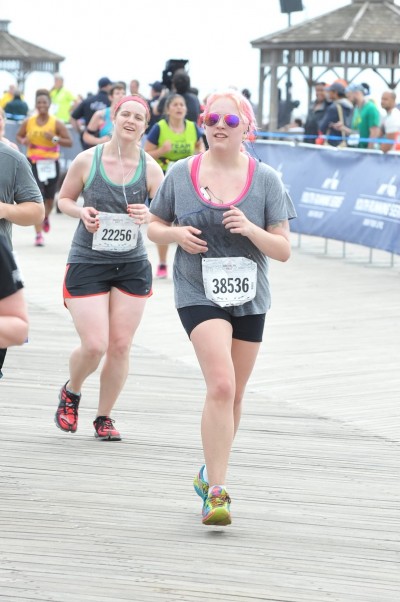 Finishing the Brooklyn Half Marathon in May 2015. Cup size 34DD, strapped down in a Shock Absorber Run bra.