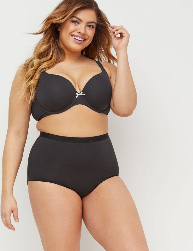 Plus size model wearing Lane Bryant black, cotton, high waist, brief panty.