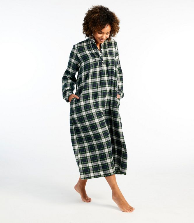 Model wearing LL Bean midi, scotch plaid, flannel nightgown.