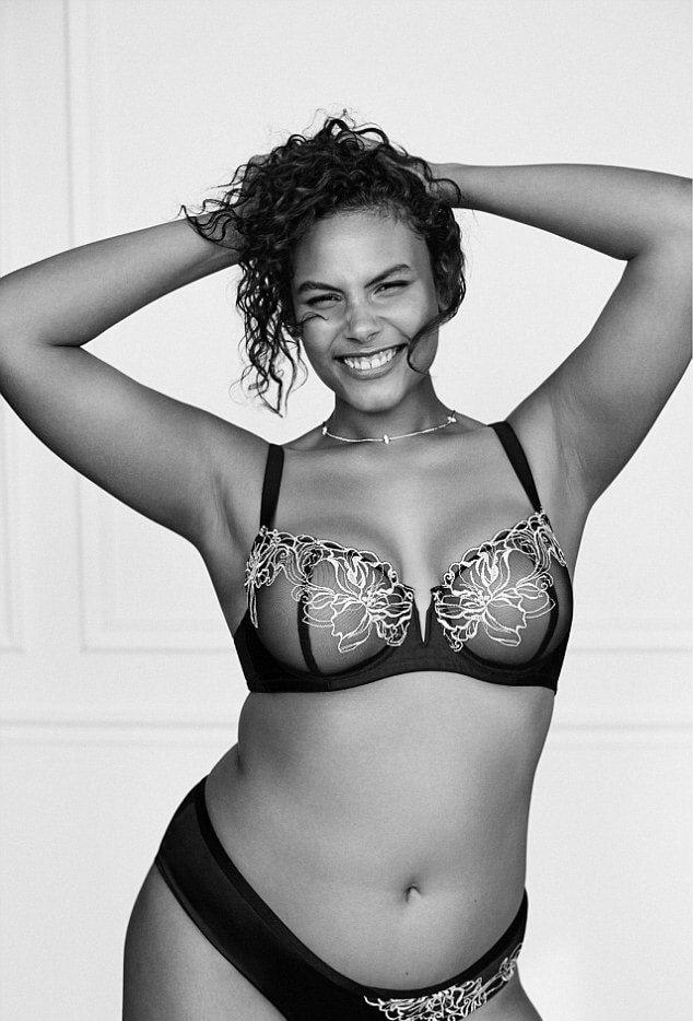 Lane Bryant. Lingerie Trends - Plus Size. Model Marquita Pring in sheer mesh black bra with white embroidery. Black and white fashion photography.
