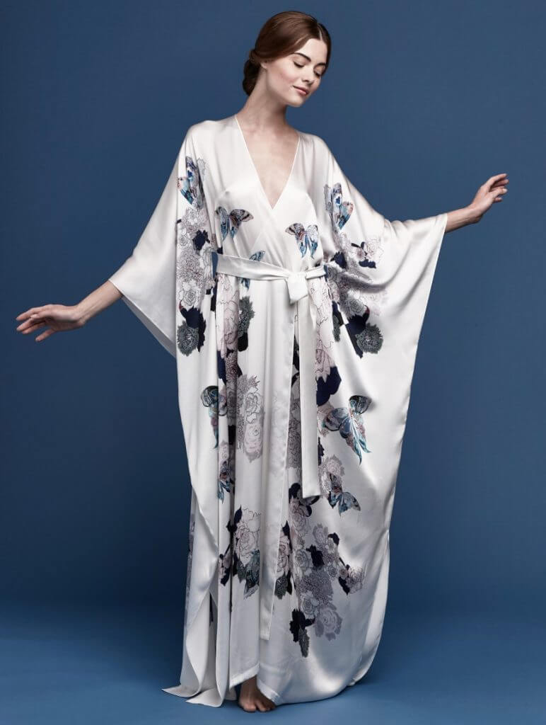 Meng. Lingerie Trends - Luxury Loungewear. Pearl colored silk kimono style robe with floral butterly print.