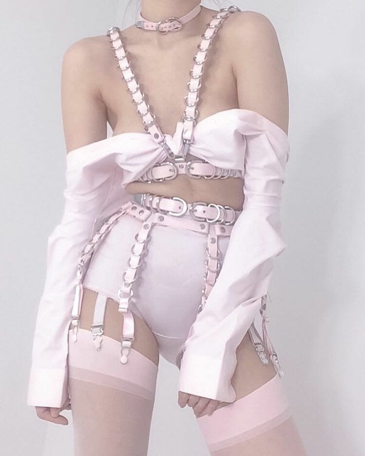 Creepyyeha light pink, expensive lingerie set with buckle choker, body harness, garters and stockings. 