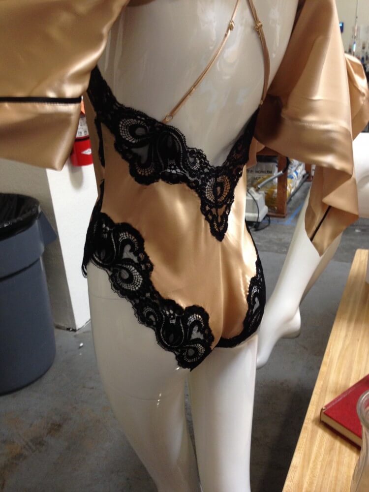 Andrés Intimates studio tour | Back view of cross-back teddy with insertion lace hem and neckline