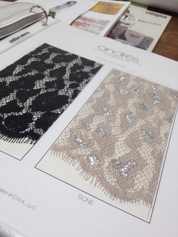 Andrés Intimates studio tour | Swatch card of "cheetah" lace in two color ways