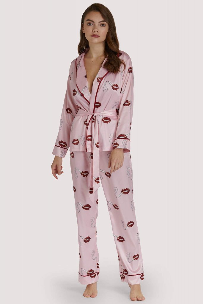 These pink satin lipstick print pajamas are perfect Valentine's Day Lingerie