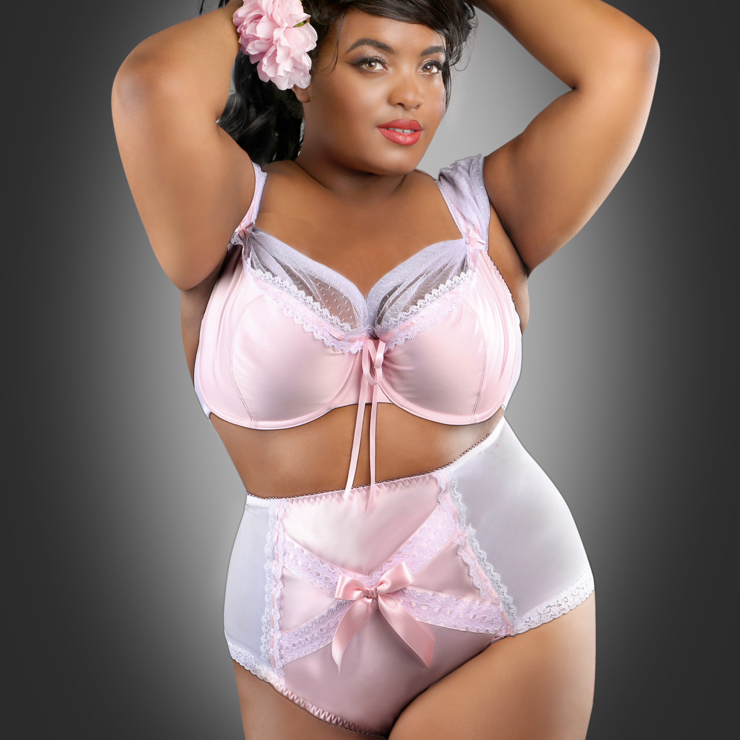 Buttress & Snatch Candy Pink Lingerie Set, made in the UK, shown on plus size model