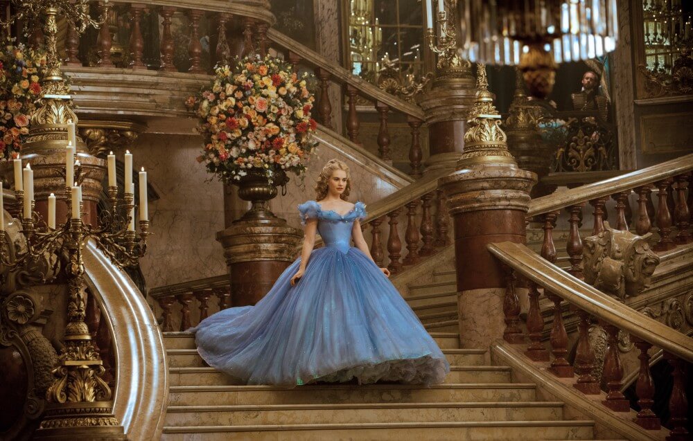 Lily James in her corseted Cinderella ballgown.