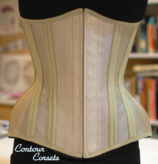 Contour Corsets silver mesh corset with hidden busk closure