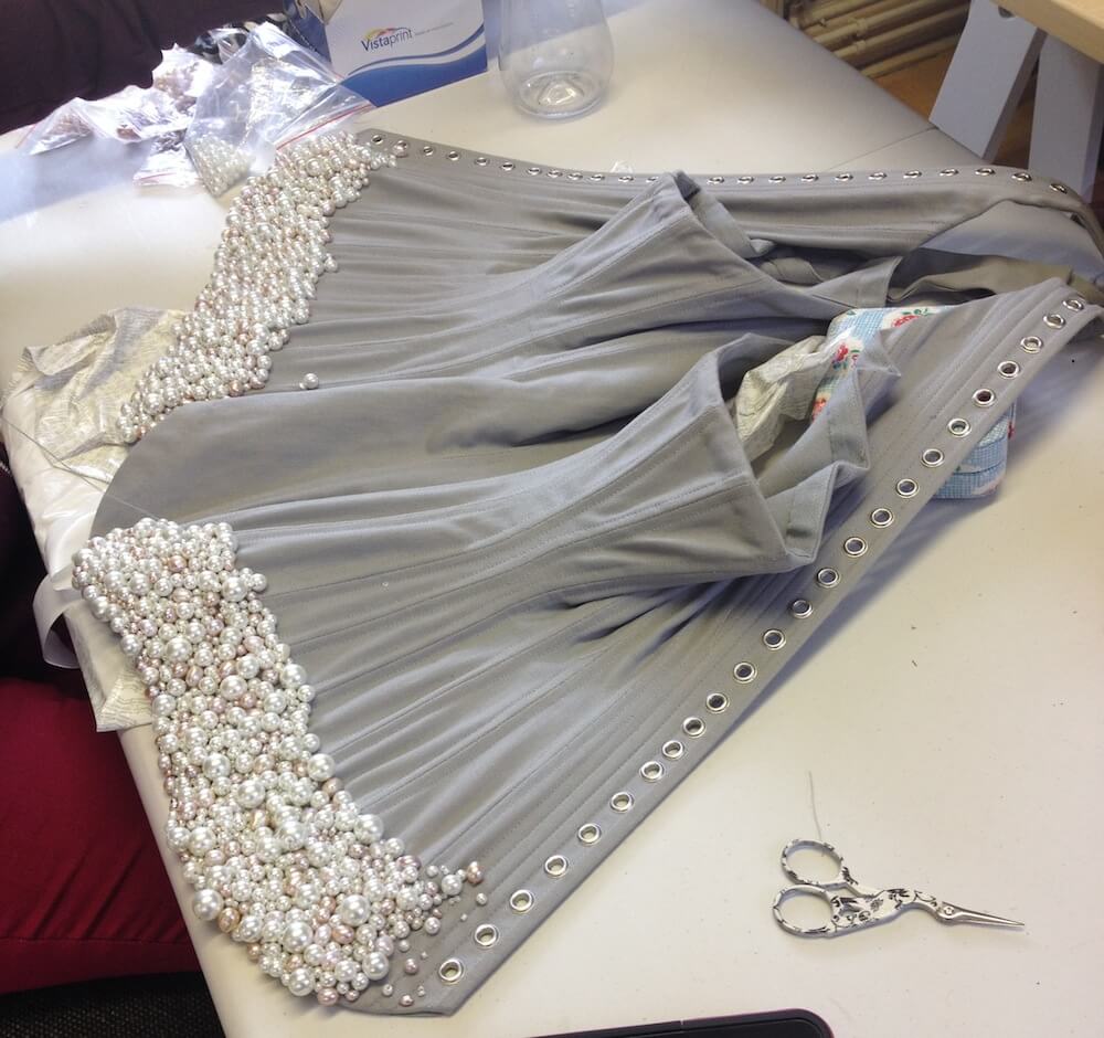 Emiah Couture pearl encrusted corset body in progress