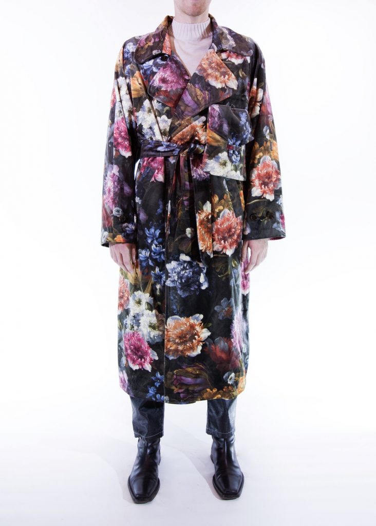 Fomme, gender neutral floral print trench coat. 