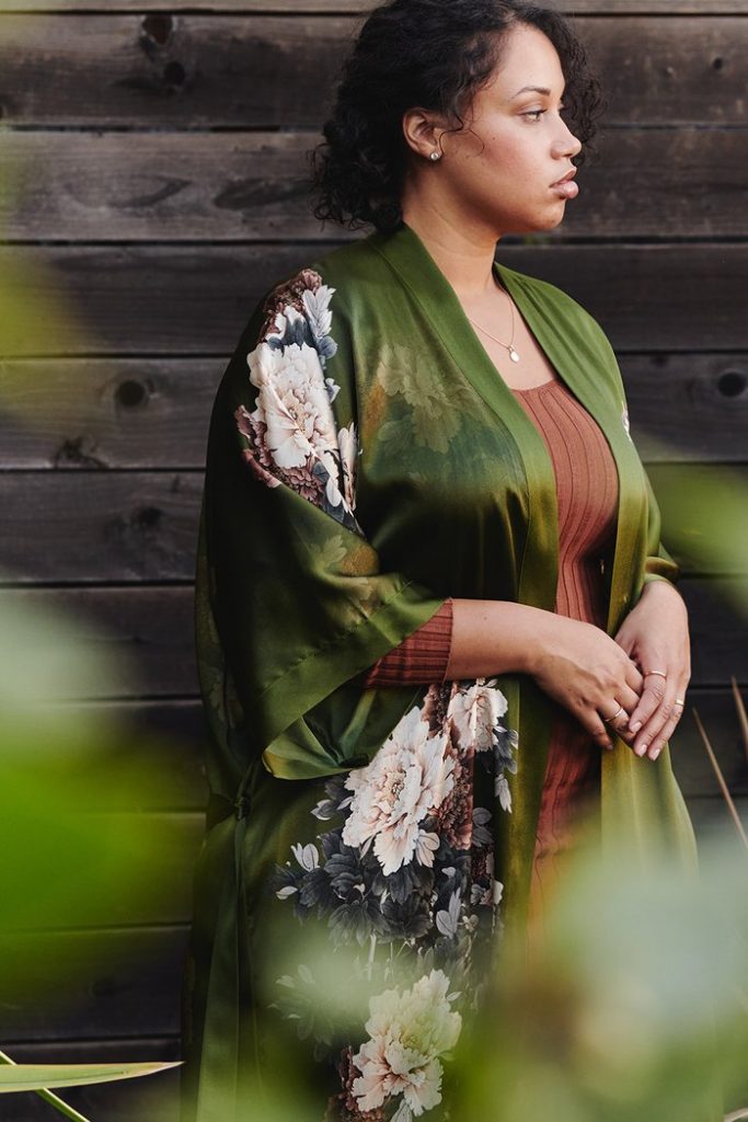 Kim + Ono robe made of green real silk with floral print, worn by plus size model with brown tank underneath