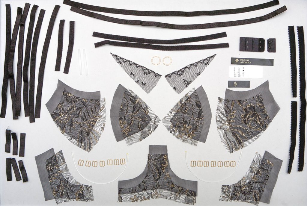 The 61 individual components of a typical Karolina Laskowska bra design.