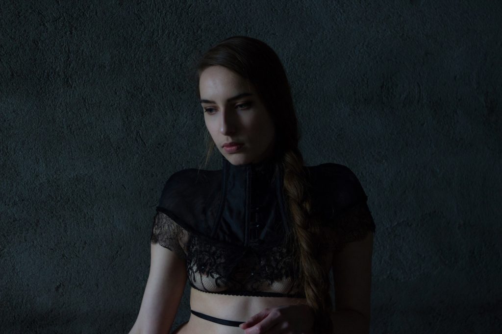 Karolina Laskowska 2017 'Taakeferd' Collection. Boned capelet worn with lace bra.