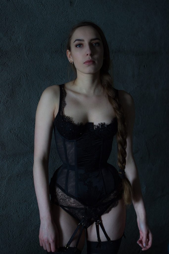Karolina Laskowska 2017 'Taakeferd' Collection. Mesh and lace corset. Lace knickers.