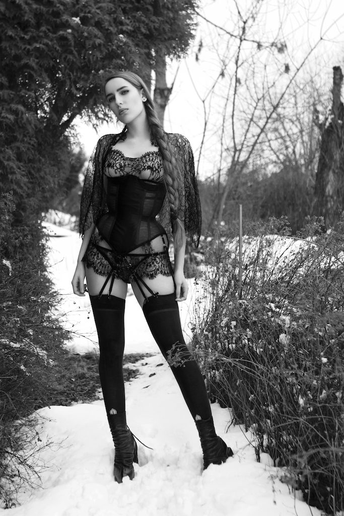 Karolina Laskowska 2017 'Taakeferd' Lingerie Collection. Mesh corset with lace bra and knickers. Taken in snowy Norway.