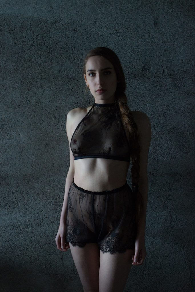 Karolina Laskowska 2017 'Taakeferd' Collection. Black lace high neck bra and tap shorts. Luxury.