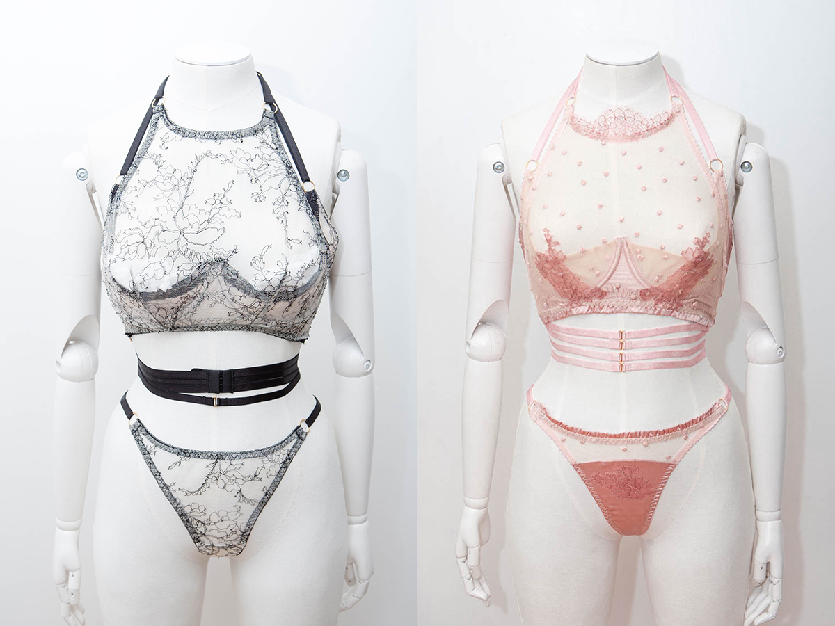 A comparison of the initial fitting toiles and final garments for a bespoke bridal lingerie set. Design by Karolina Laskowska