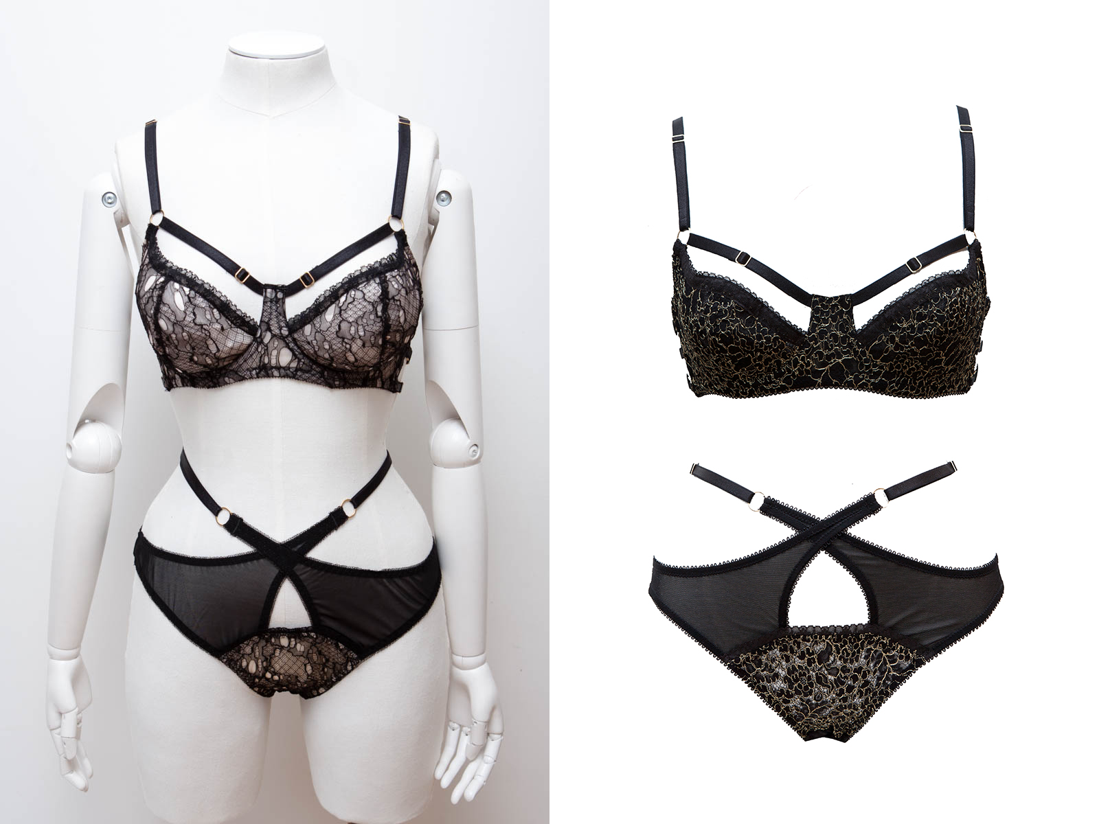 The lingerie set on the left is 'custom' rather than 'bespoke', as despite the client's unique choice of fabrics, it uses the same patterns and technical specifications as my 'Ara' RTW range on the right. Design by Karolina Laskowska. 