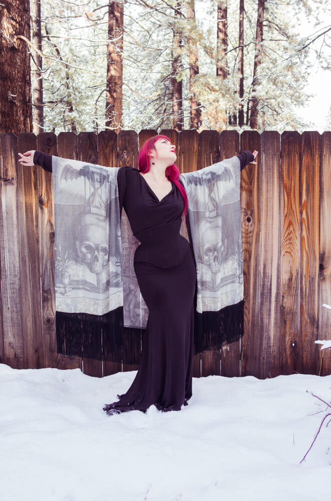 Norwegian Wood Fringe Robe - Silk Chiffon | Hattie Watson Collaboration | Styled with Dollymop for Dark Garden corset gown | Model: Victoria Dagger | Photo © Alyxander Ryan