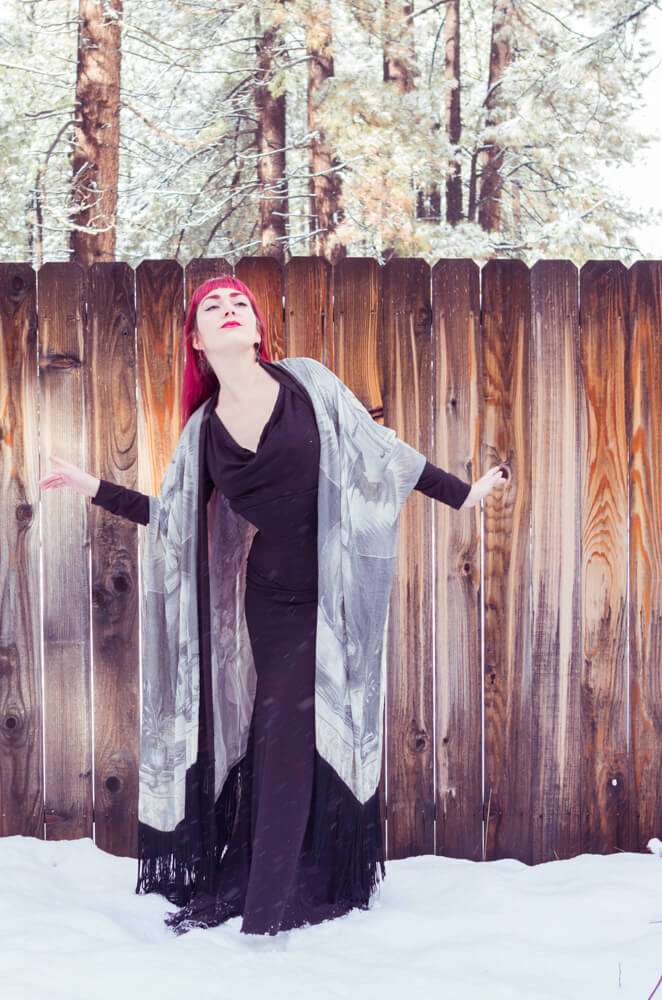 Norwegian Wood Fringe Robe - Silk Chiffon | Hattie Watson Collaboration | Styled with Dollymop for Dark Garden corset gown | Model: Victoria Dagger | Photo © Alyxander Ryan