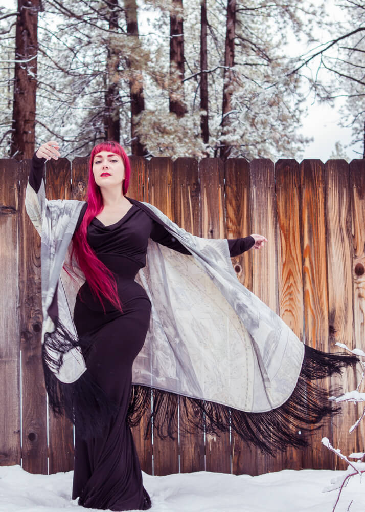 Norwegian Wood Fringe Robe - Silk Chiffon | Hattie Watson Collaboration | Styled with Dollymop for Dark Garden corset gown | Model: Victoria Dagger | Photo © Alyxander Ryan