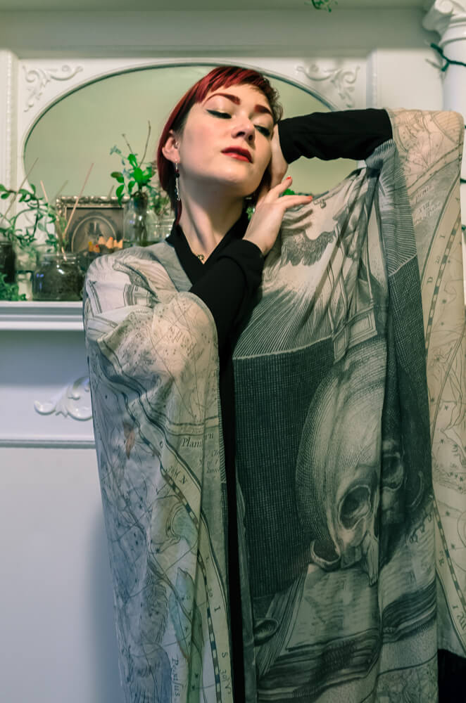 Norwegian Wood Fringe Robe - Silk Chiffon | Hattie Watson Collaboration | Styled with Dollymop for Dark Garden corset gown | Model: Victoria Dagger | Photo © Alyxander Ryan