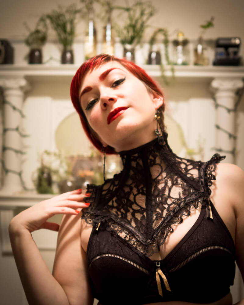 Decadent Designs Black Lace Neck Corset | Model: Victoria Dagger | Photo © Alyxander Ryan