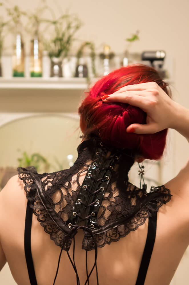 Decadent Designs Black Lace Neck Corset | Model: Victoria Dagger | Photo © Alyxander Ryan
