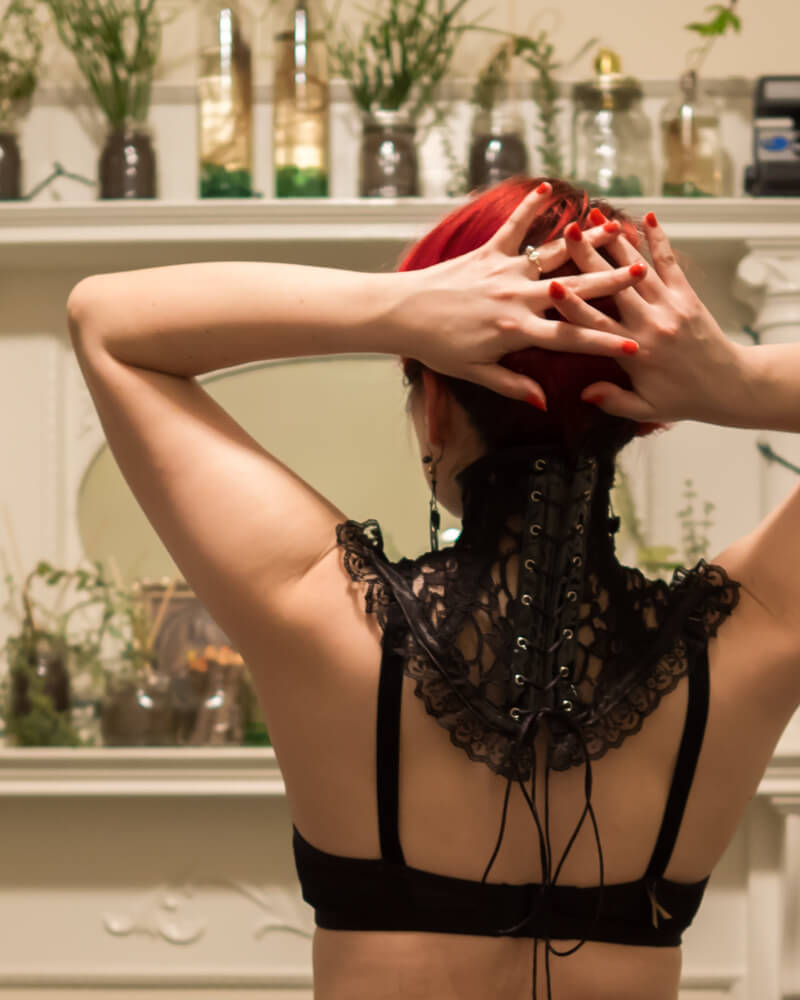 Decadent Designs Black Lace Neck Corset | Model: Victoria Dagger | Photo © Alyxander Ryan