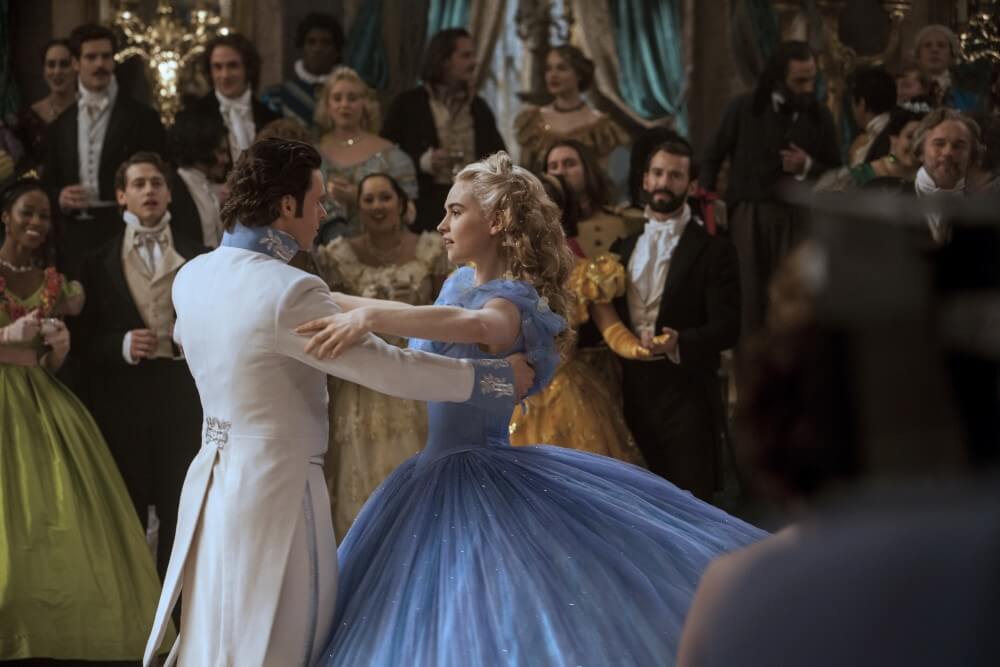 A side view of Lily James in her Cinderella ballgown. Notice how her waist is about the same width from this perspective as from the front - it's been sculpted to a circular, rather than oval, shape to further the illusion of tinyness.