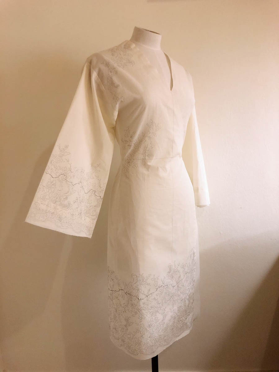 An example of a distance fitting toile, with the lace pattern drawn onto the fabric to demonstrate the final embellishment. Photo courtesy of Merle Noir Lingerie
