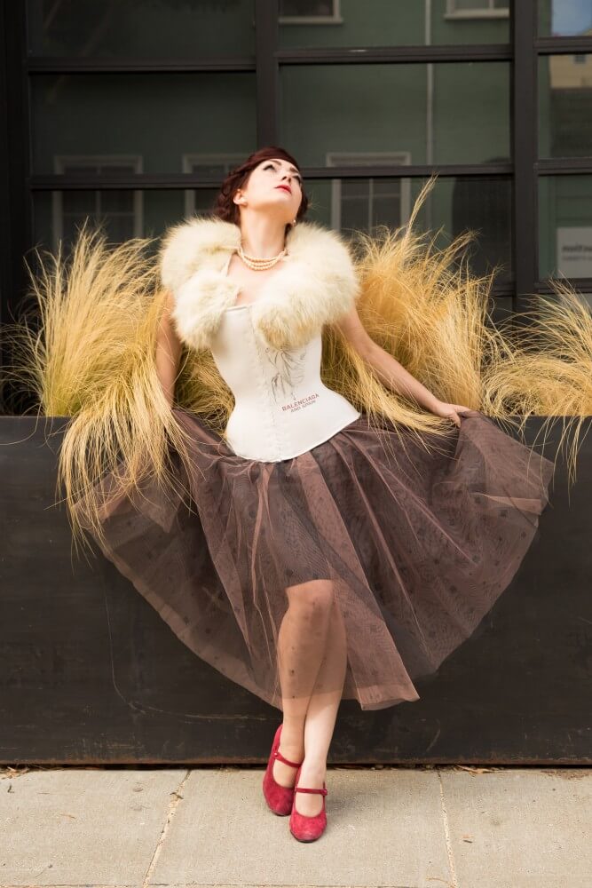 Pop Antique "Prima Donna" corset, styled with vintage fur and vintage tulle skirt. | Model: Victoria Dagger | Photo © John Carey