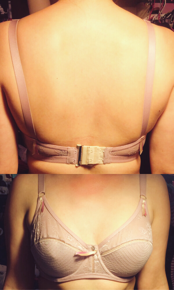 Rixie Clip bra band extender in action. "Nude" color option in 2 hook, 3/4" spacing.