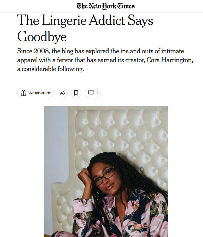 Cora Harrington, The Lingerie Addict, in The New York Times