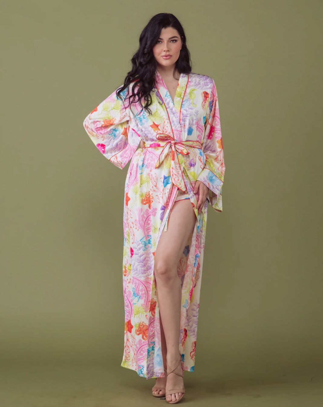Kilo Brava satin robe with multicolored rainbow coral print. Mermaid lingerie.