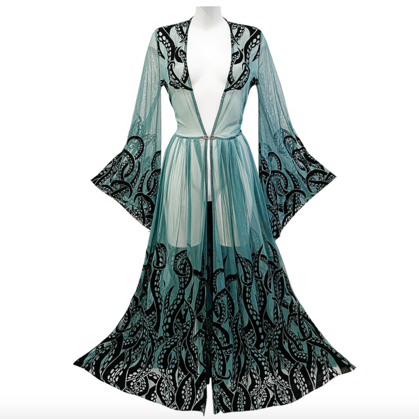 Green sheer mesh robe from Videnoir with black octopus tentacles. Ursula the sea witch from The Little Mermaid lingerie
