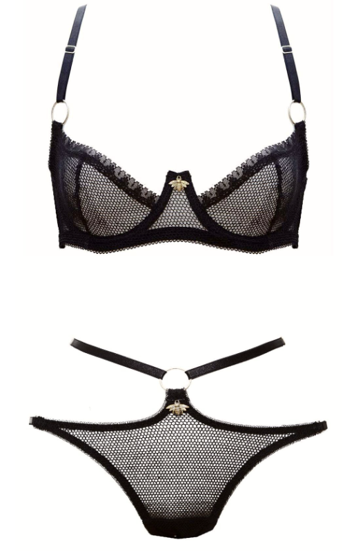 Karolina Laskowska Miod Bra Set. Black bobbinet tulle underwire bra and open side brief. Both pieces have golden bee charm at center. Bra has gold rings at apex and high gore.