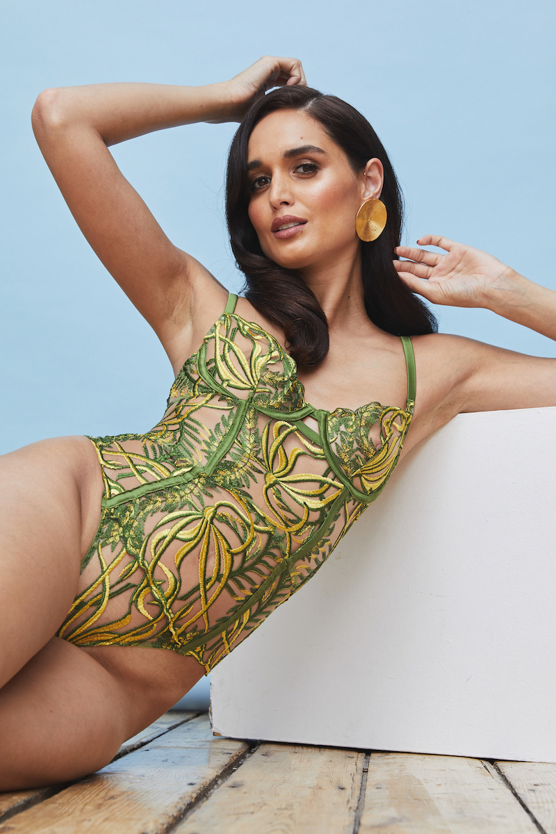Studio Pia green bodysuit with green and yellow Sargasso seaweed embroidery