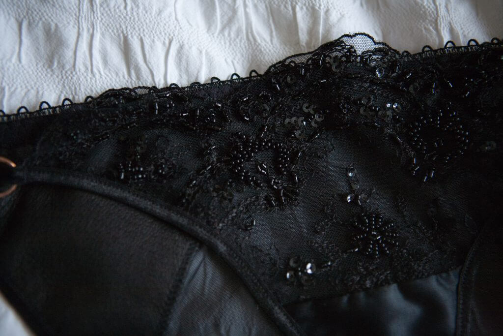 Knicker beading detail on the 'Oncilla' set by Loveday London. Leather Lingerie.