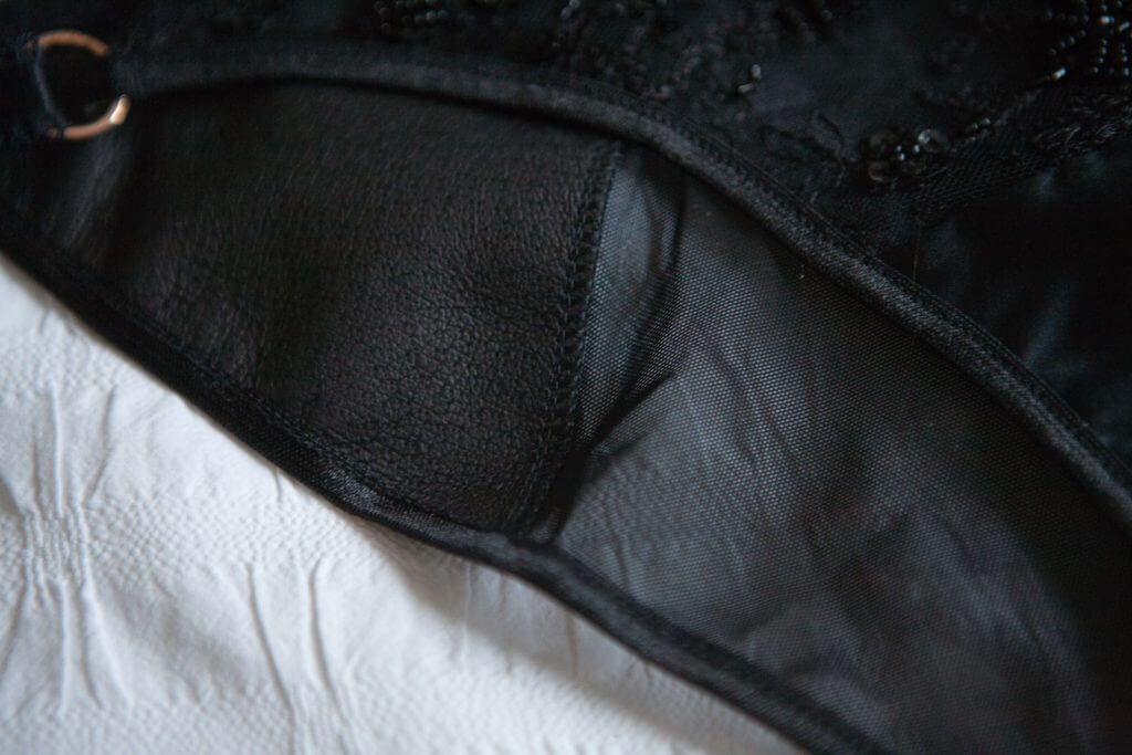 Knicker seam on the 'Oncilla' set by Loveday London. Leather lingerie.