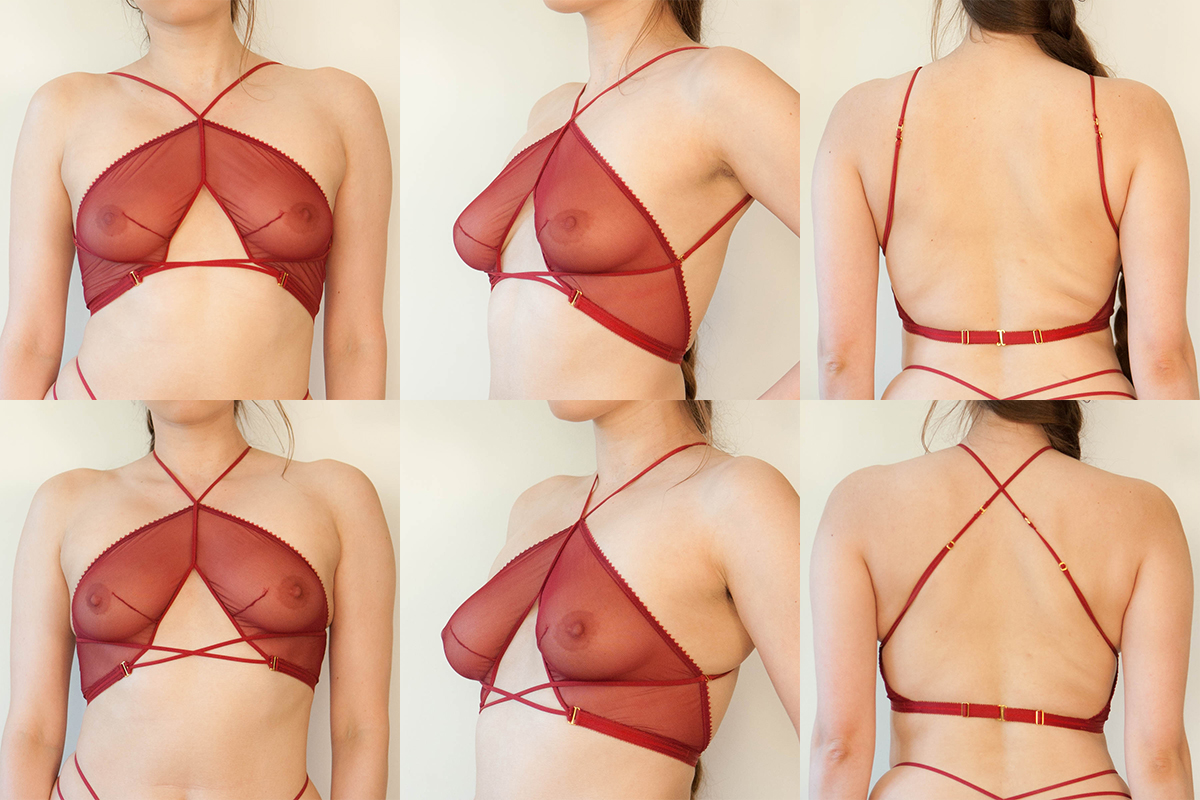 A fit comparison of Tisja Damen's 'Myth' bralet worn with the shoulder straps uncrossed (top row) and crossed (bottom row). Photo by K. Laskowska