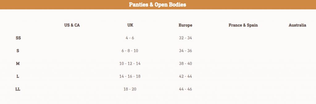 The Tisja Damen sizw chart (there is a note at the top of this page saying that the blank countries are under construction).