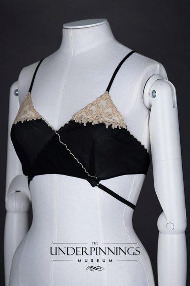 The Kestos-style bra saw its heyday in the 1930s. It was one of the first bras to feature separate cups. Although this example isn't from the actual Kestos brand, it is a beautiful couture rendition that is entirely hand sewn with beautiful embroidery work. From The Underpinnings Museum collection. Photo by Tigz Rice Studios