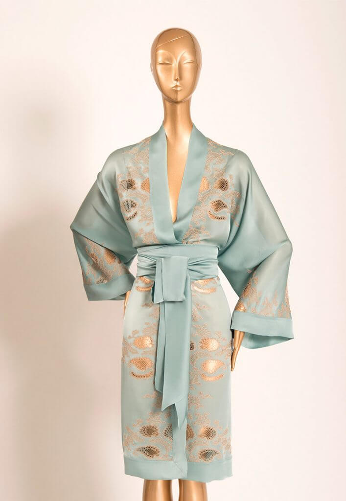 Carine Gilson. Lingerie Trends - Luxury Loungewear. Sky blue/celadon silk robe with inset lace and lace applique.