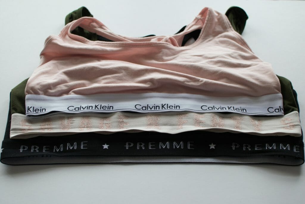 Calvin Klein bralette, Premme Bralette, and Savage X Fenty bralette