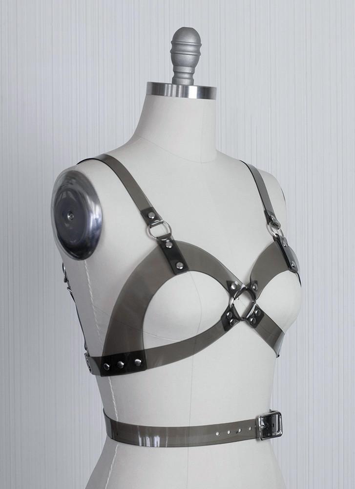 Apatico clear PVC leather gothic wraparound harness with open cup. On Mannequin. 